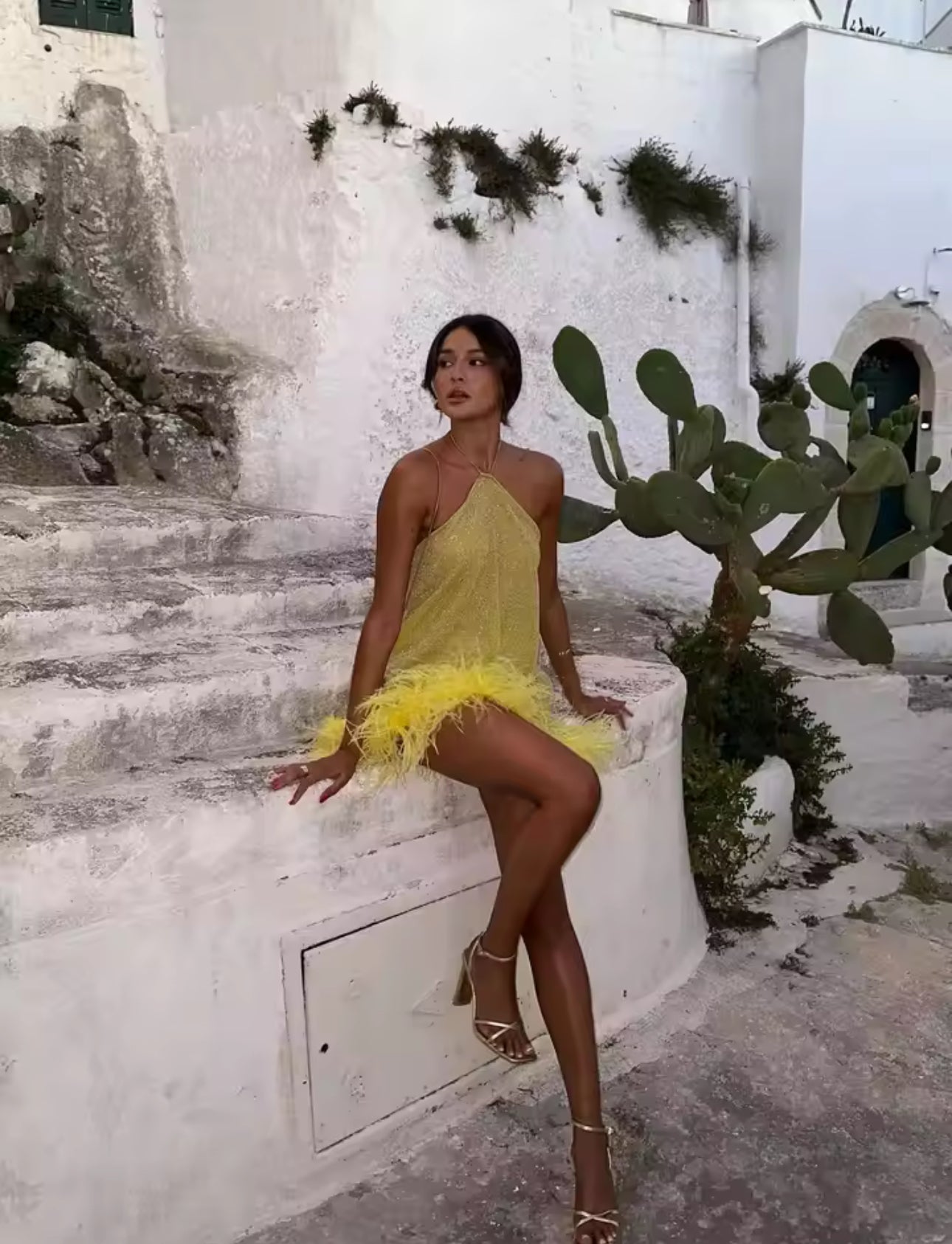 Yellow Feathered Halter Dress