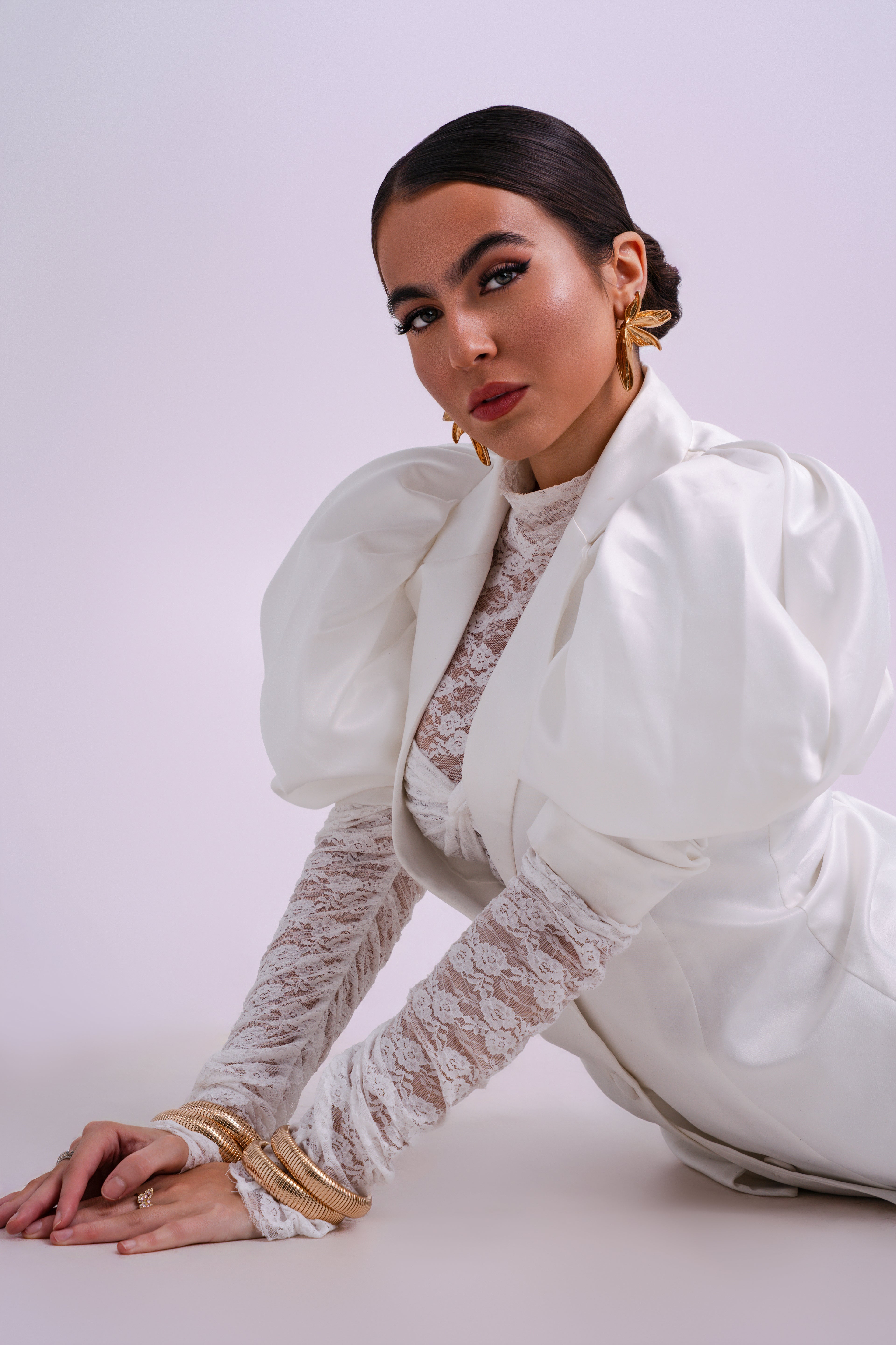 White Puffer Blazer Lace Set