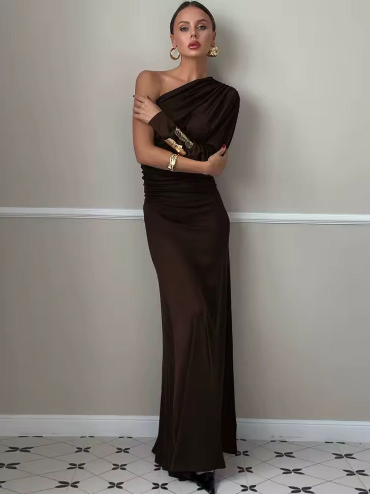 chocolate brown one shoulder dresses Pontee One Shoulder Pleated Midi Dress